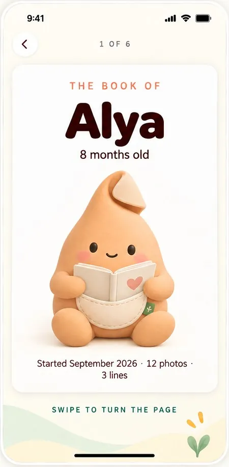 An example book cover in the KINOS app: The book of Alya, 8 months old.